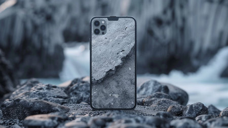 Smartphone mockup with empty screen on rocky beach. 3d renderingの素材