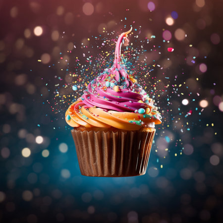 Birthday cupcake with pink frosting and colorful sprinkles on blurred backgroundの素材