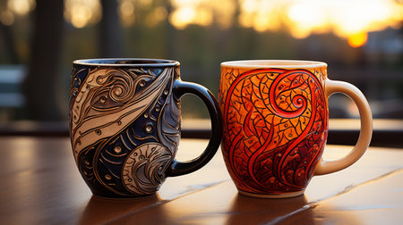 Two cups of coffee on the background of the setting sun. Close-up.の素材