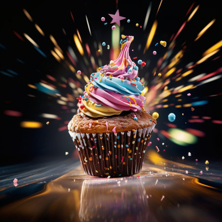 Birthday cupcake with colorful sprinkles and star on black backgroundの素材