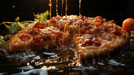 Piece of pizza with tomato sauce on black background, closeupの素材
