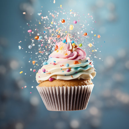 Colorful cupcake with confetti on blue bokeh backgroundの素材
