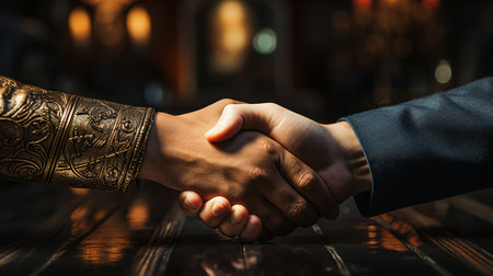 Closeup image of business people shaking hands over wooden table in cafeの素材