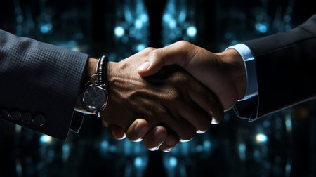 Close up of business people shaking hands on dark background. Mixed mediaの素材