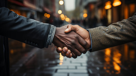 Close-up image of two businessmen shaking hands in the city.の素材