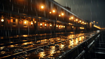 Train station at night with raindrops falling on rails, blurred backgroundの素材