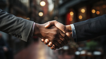 Close-up of two businessmen shaking hands in a business district.の素材