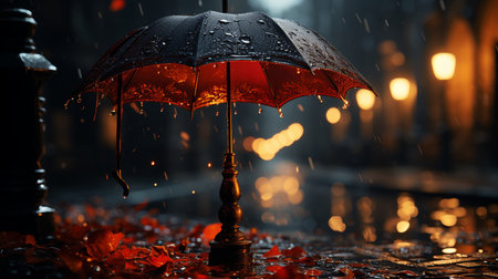 Red umbrella in the rain on a rainy day. 3d rendering.の素材
