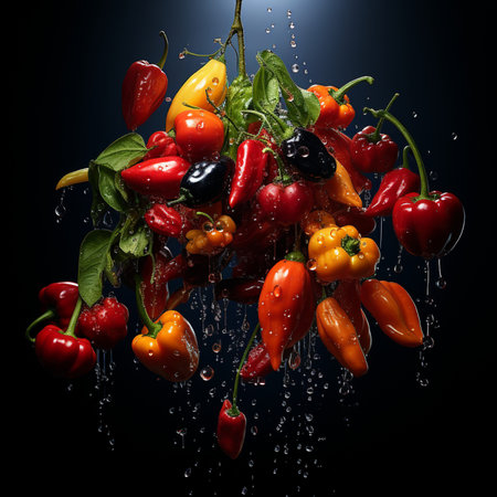 Colorful peppers with water splashes on black background. Studio shot.の素材