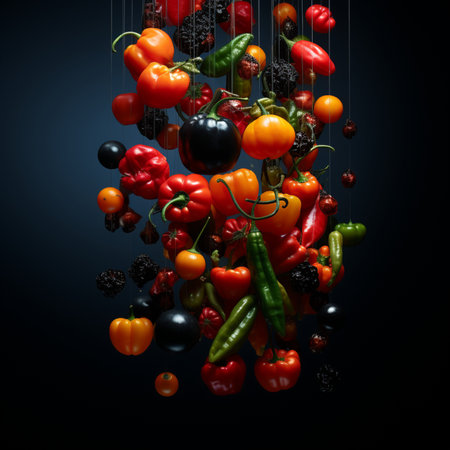 Falling vegetables on a black background. 3d rendering, 3d illustration.の素材