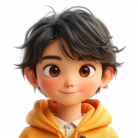 3D rendering of a cute little boy in a yellow hoodieの素材