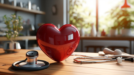 Stethoscope and red heart on wooden table in clinic, closeupの素材