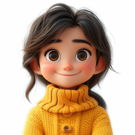 3d rendering of a cute little girl in a yellow sweater and scarfの素材