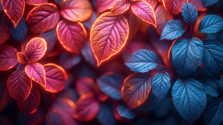 Colorful leaves background with red and blue lights. Colorful leaves background.の素材