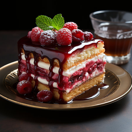 Delicious cake with raspberries and blueberries on a dark backgroundの素材