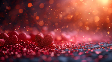 Valentines day background with red hearts on glitter bokeh backgroundの素材