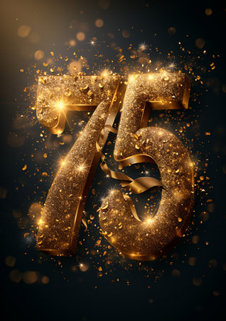 75 years anniversary celebration logotype gold glittering on black background.の素材