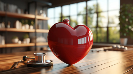 Stethoscope and red heart on wooden table in clinic. 3d renderingの素材