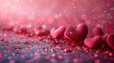 Valentines day background with red hearts on bokeh backgroundの素材