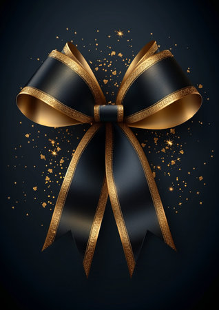 Black ribbon with gold bow on a black background. Vector illustration.の素材