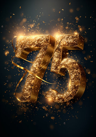 75th years anniversary celebration logotype. Golden glittering number on black background.の素材