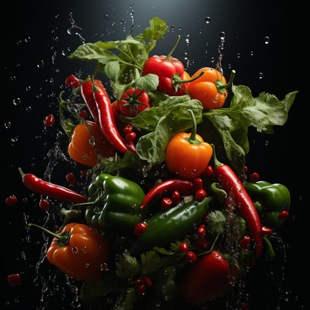 Fresh vegetables with water splash on black background. Healthy food concept.の素材
