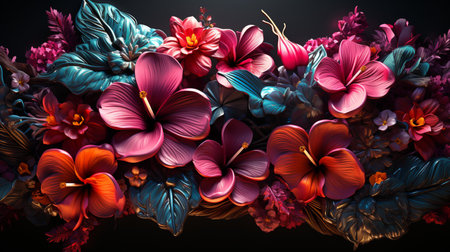 3d illustration, abstract floral background, multicolored flowers on blackの素材
