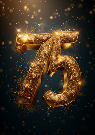 75 Years Anniversary Celebration Gold Number with Sparkles and Stars on Black Background.の素材