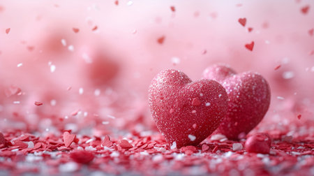 Valentines day background with red hearts and confetti. 3d renderingの素材