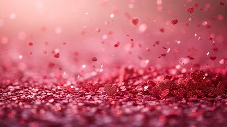 Valentines day background. Red hearts confetti on bokeh background.の素材