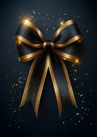 Black ribbon with golden bow on dark background. Vector Illustration.の素材