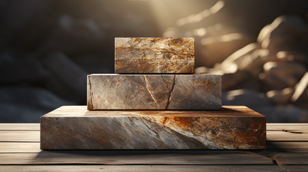 Three marble podiums on wooden table in sunlight. 3d renderの素材