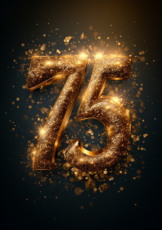 75 years anniversary celebration logotype. Golden glittering number on black background.の素材