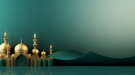 3D illustration of Ramadan Kareem background with mosque and moon.の素材