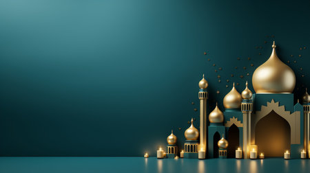 3D illustration of Ramadan Kareem background with mosque and lanternsの素材