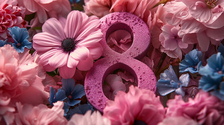 Women's Day background with pink flowers and water drops on it.の素材