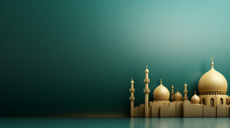 3d illustration of a mosque with golden domes on a green backgroundの素材