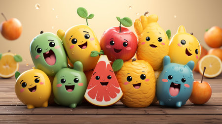 Funny fruit characters on wooden background. 3d illustration. Healthy food concept.の素材