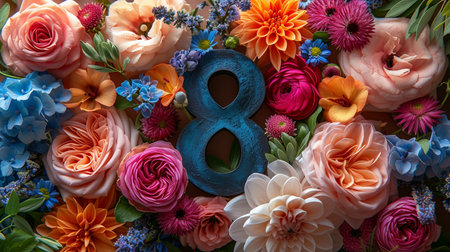 March 8. International Women's Day. Beautiful bouquet of flowers on a wooden background.の素材