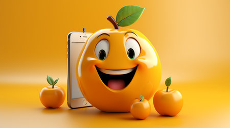 3d illustration of mobile phone with apple smiley character on orange backgroundの素材
