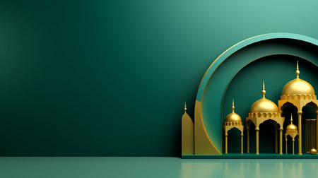 3d illustration of islamic mosque with golden dome on green backgroundの素材