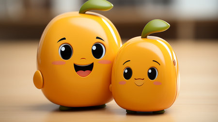 Cute couple of orange peppers with smiley faces on wooden tableの素材