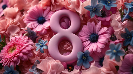 Number eight on a background of pink flowers. International Women's Dayの素材
