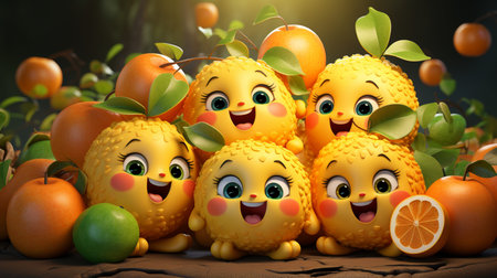 Fruit character 3D illustration. Orange, lemon, orange, grapefruit and appleの素材