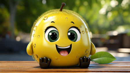 3d illustration of yellow smiley ball with green leaf on wooden tableの素材