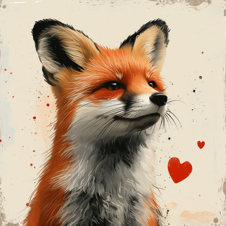 Portrait of a red fox on a grunge background with heartsの素材