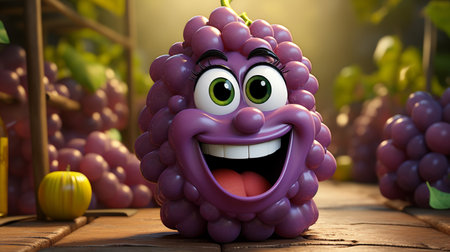 Funny purple grape fruit character with smiley face and big eyes. 3d illustrationの素材