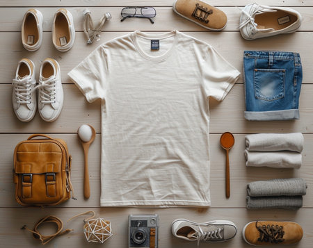 T-shirt mockup with clothing and accessories on wooden background.の素材