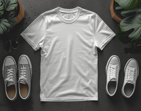 White t-shirt mockup with sneakers and sunglasses on dark backgroundの素材