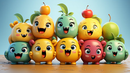 3d rendering of a group of fruit characters with different facial expressionsの素材